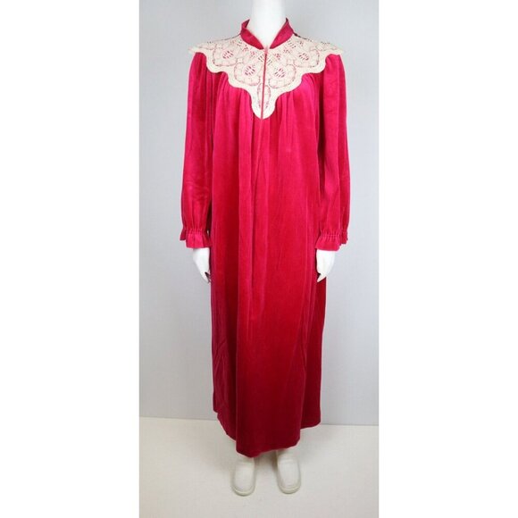 Vintage Sears At Home Wear Soft Velour Robe or House Dress with Lace Collar M - Picture 1 of 12